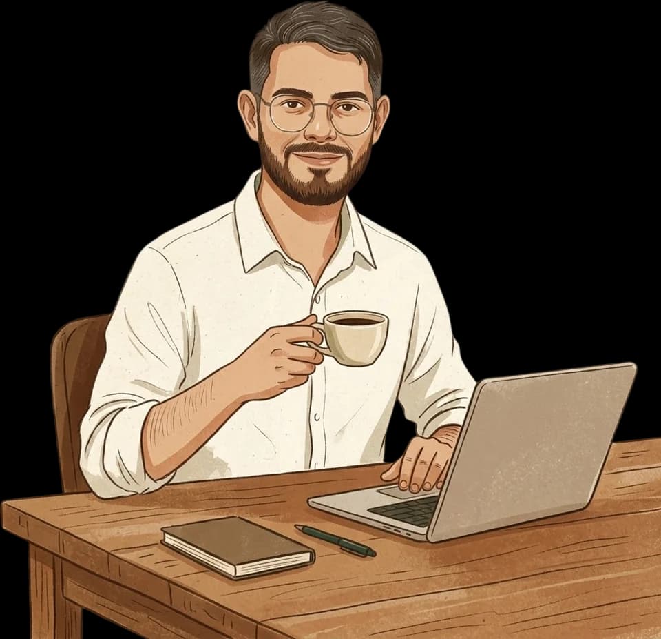 Ilustração de João no computador, com uma xícara de café na mão